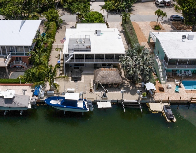 aerial view featuring a water view