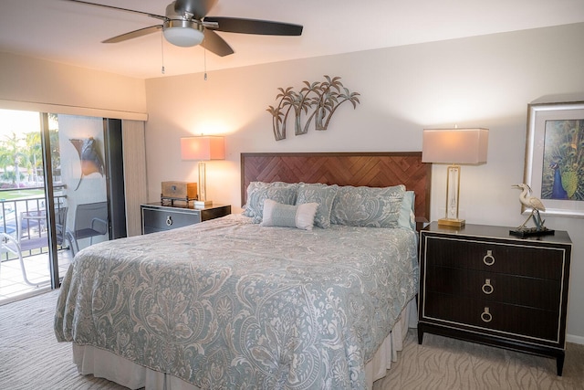 bedroom with access to outside, light colored carpet, and ceiling fan