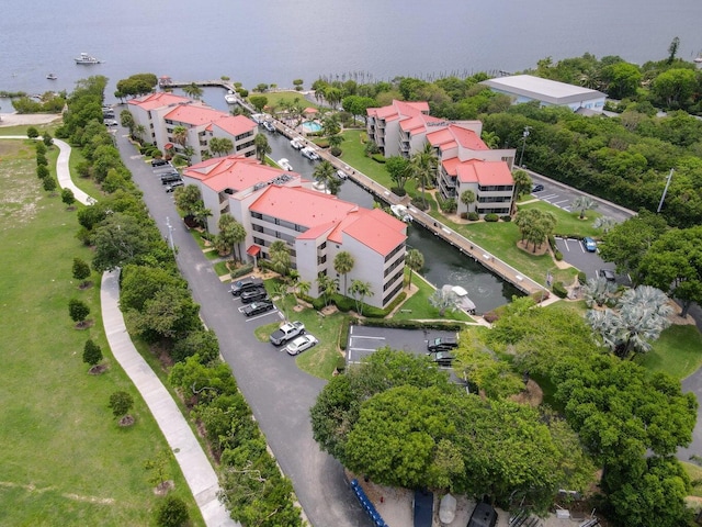 drone / aerial view featuring a water view