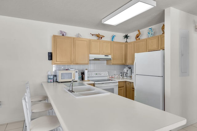 kitchen with light brown cabinetry, tasteful backsplash, sink, kitchen peninsula, and white appliances