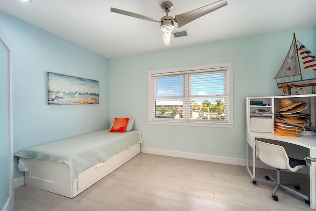 bedroom featuring ceiling fan and light hardwood / wood-style flooring