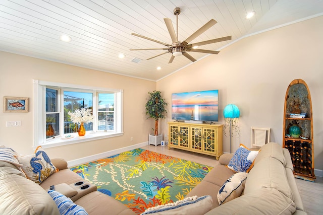 living room with vaulted ceiling, hardwood / wood-style floors, wooden ceiling, and crown molding