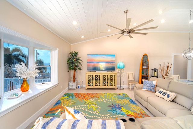 living room with crown molding, lofted ceiling, ceiling fan with notable chandelier, and wooden ceiling