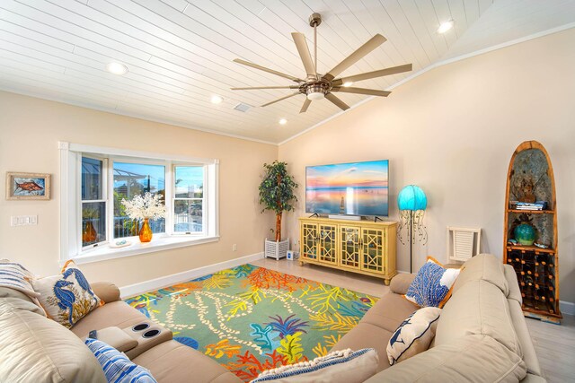 943 Flagship Dr, Summerland, FL 33042 - living area with wood ceiling, ceiling fan, ornamental molding, and visible vents