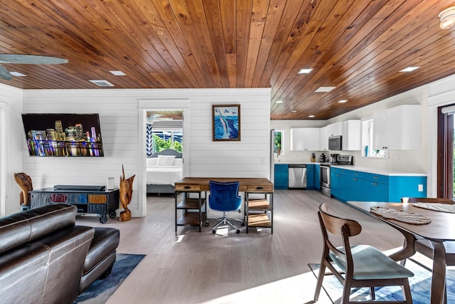 dining space with wood-type flooring, wooden ceiling, and ceiling fan