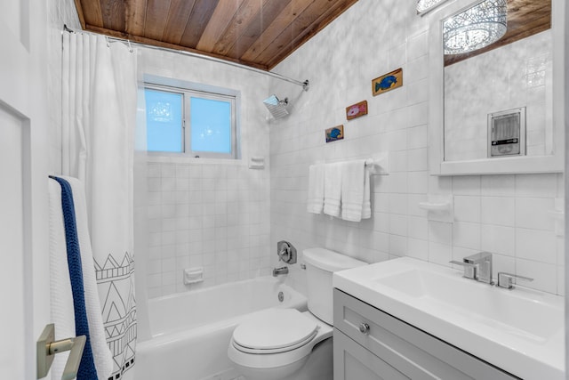 full bathroom featuring shower / tub combo, tile walls, wooden ceiling, vanity, and backsplash