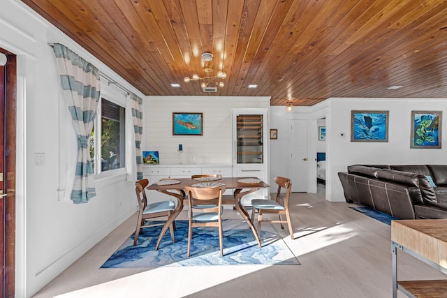 dining area featuring wood ceiling, a chandelier, and light hardwood / wood-style flooring