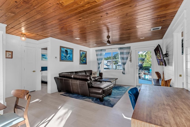 living room with ceiling fan, wooden ceiling, and light wood-type flooring