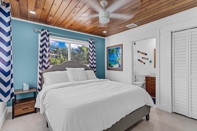 bedroom featuring ceiling fan, connected bathroom, wood ceiling, and light hardwood / wood-style floors