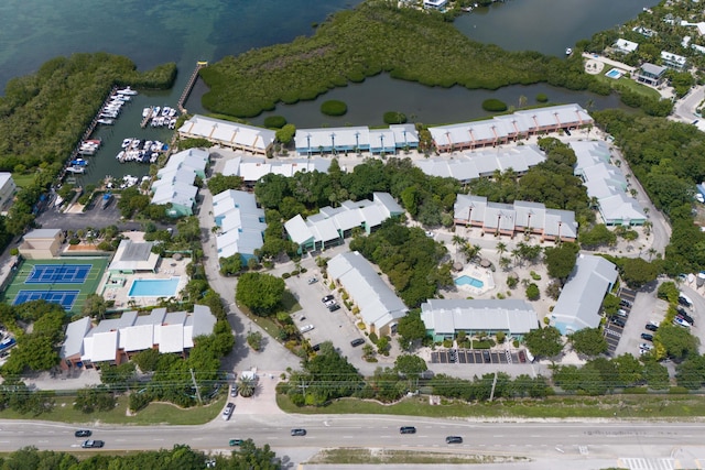 aerial view featuring a water view