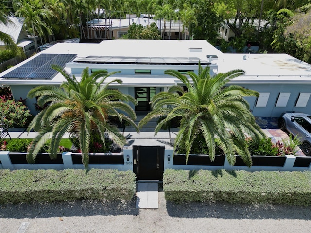view of front facade featuring a fenced front yard, a gate, and stucco siding