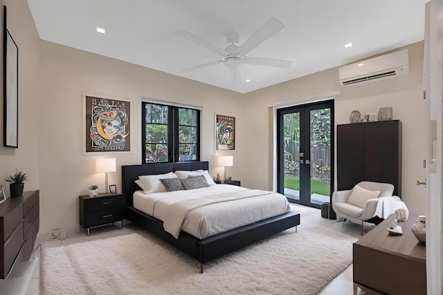 bedroom featuring multiple windows, a wall unit AC, a ceiling fan, and access to exterior