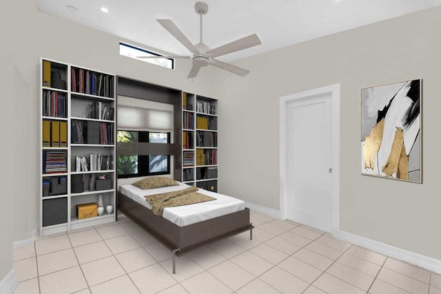 bedroom with baseboards, a ceiling fan, and tile patterned floors