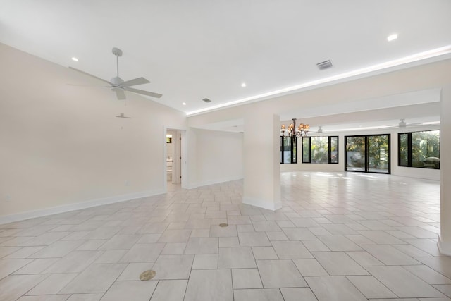 unfurnished room featuring visible vents, recessed lighting, ceiling fan with notable chandelier, and lofted ceiling