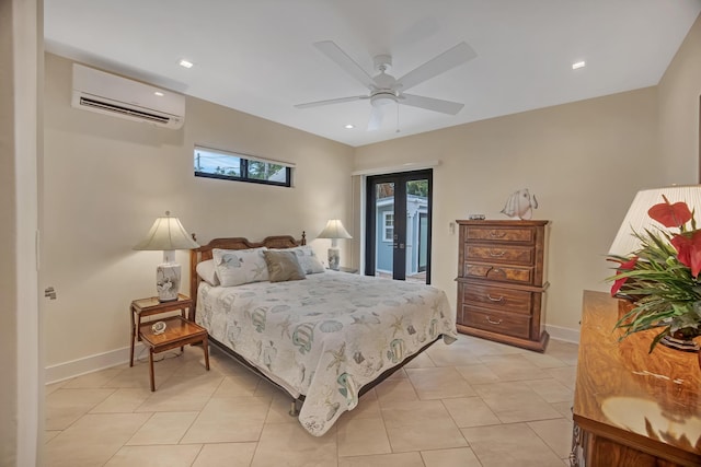 bedroom featuring access to outside, ceiling fan, french doors, baseboards, and a wall mounted AC
