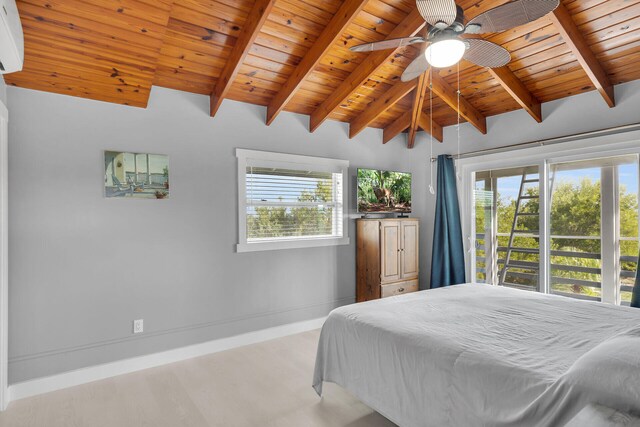 bedroom with lofted ceiling with beams, wood ceiling, multiple windows, and baseboards