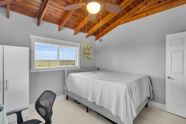 bedroom with vaulted ceiling with beams, wooden ceiling, a ceiling fan, and baseboards