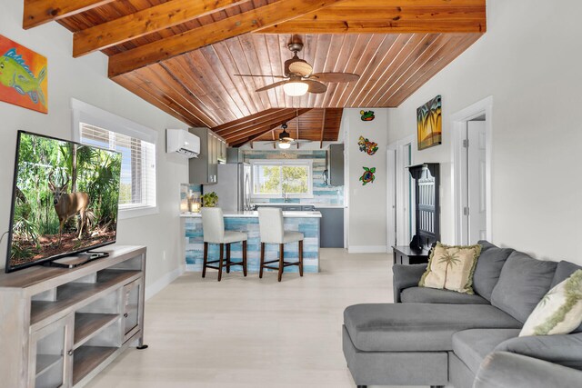 living area featuring wooden ceiling, a healthy amount of sunlight, lofted ceiling with beams, and baseboards