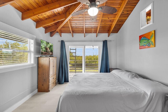 bedroom with wood ceiling, multiple windows, and lofted ceiling with beams