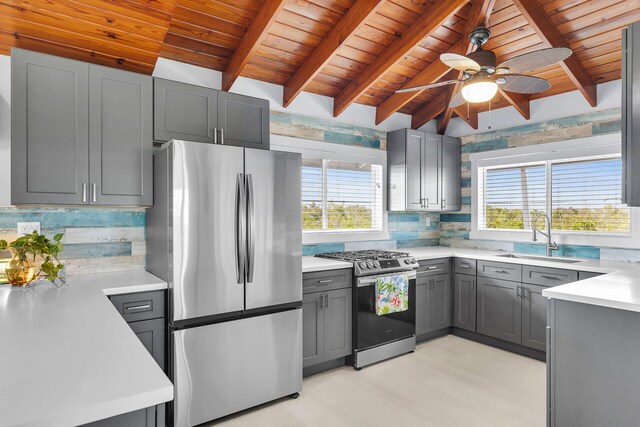 kitchen with a sink, light countertops, appliances with stainless steel finishes, backsplash, and gray cabinets