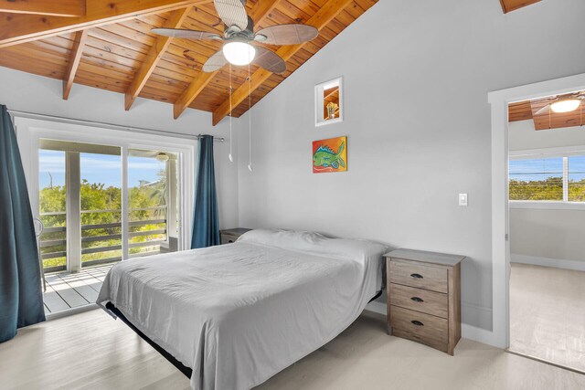 bedroom featuring beam ceiling, wood ceiling, ceiling fan, high vaulted ceiling, and baseboards