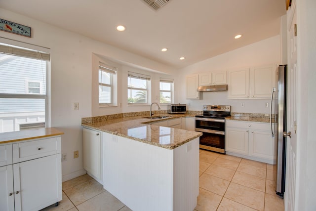 kitchen with sink, white cabinetry, light stone counters, kitchen peninsula, and stainless steel appliances