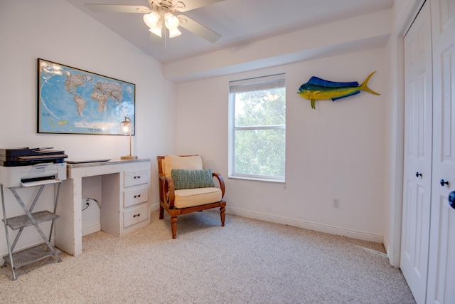 home office with ceiling fan and light colored carpet