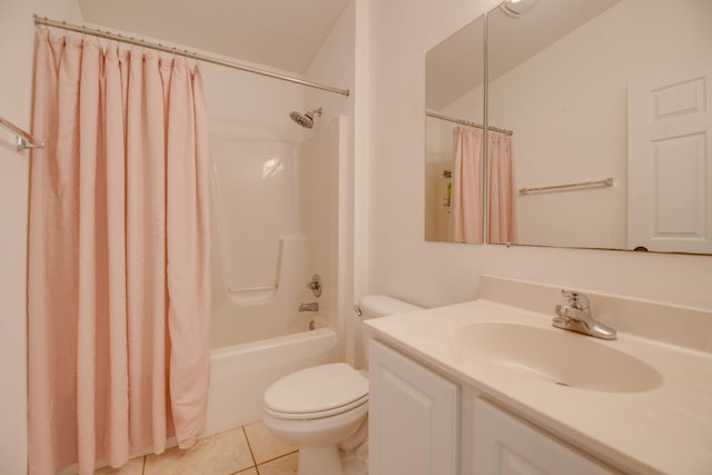 full bathroom with tile patterned floors, toilet, shower / tub combo, and vanity