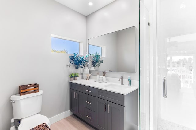 bathroom featuring vanity, an enclosed shower, wood-type flooring, and toilet