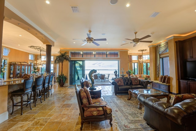 30 Cannon Royal Dr, Shark Key, FL 33040 - living area featuring crown molding, ceiling fan with notable chandelier, recessed lighting, and visible vents
