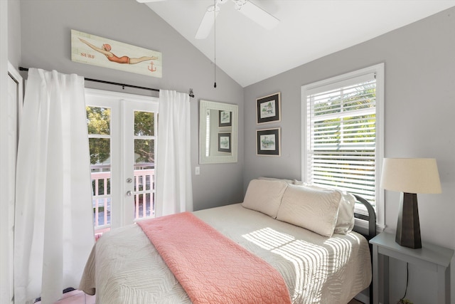 bedroom with vaulted ceiling, ceiling fan, french doors, and access to exterior