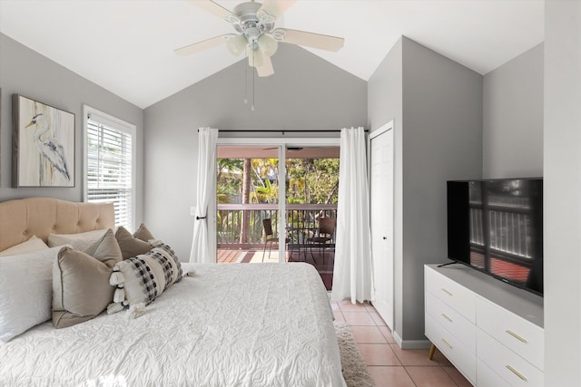 bedroom with lofted ceiling, light tile patterned flooring, a ceiling fan, and access to exterior