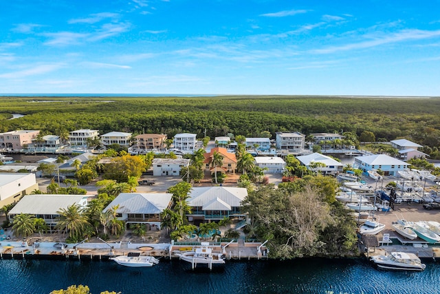 bird's eye view with a forest view and a water view