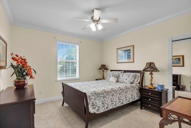 bedroom with light carpet, baseboards, ornamental molding, and a ceiling fan