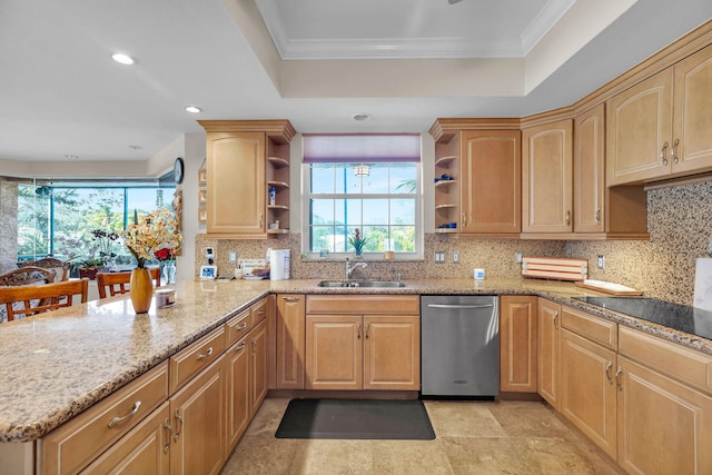 kitchen with dishwasher, open shelves, a sink, and a raised ceiling