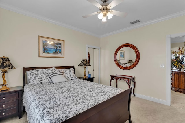 bedroom with light colored carpet, visible vents, crown molding, and baseboards