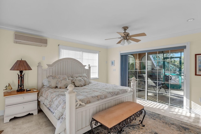 bedroom with ornamental molding, access to outside, an AC wall unit, and a ceiling fan