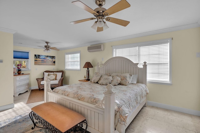 bedroom with baseboards, ornamental molding, ceiling fan, and a wall mounted AC