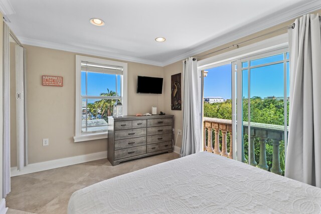 bedroom with ornamental molding, baseboards, recessed lighting, and access to exterior
