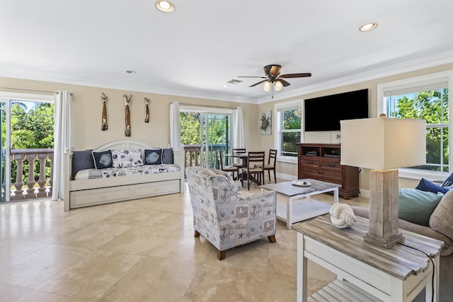 living area with recessed lighting, visible vents, crown molding, and a ceiling fan