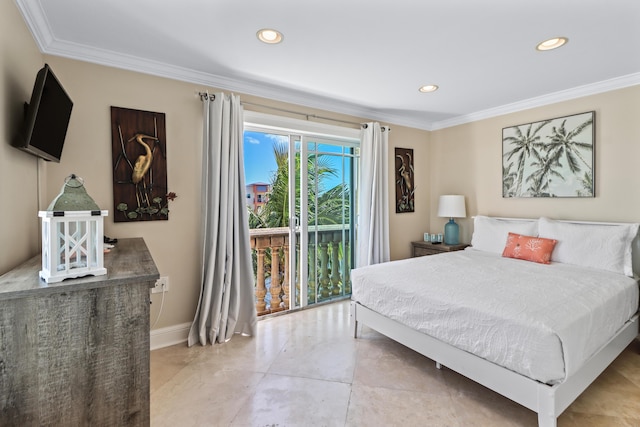 bedroom with access to outside, ornamental molding, baseboards, and recessed lighting