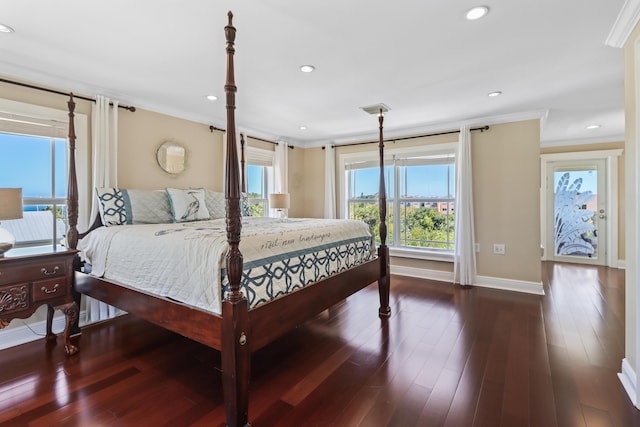 bedroom featuring recessed lighting, baseboards, ornamental molding, and wood finished floors