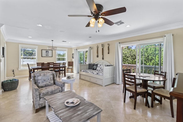 living area with crown molding, a ceiling fan, visible vents, and recessed lighting