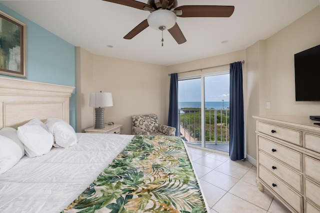 tiled bedroom featuring ceiling fan and access to exterior