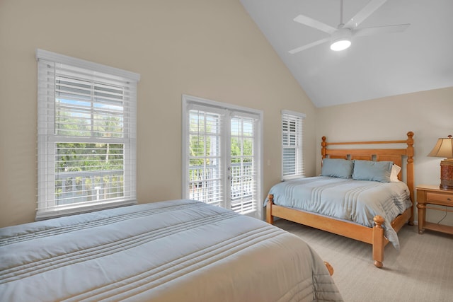 bedroom with access to outside, high vaulted ceiling, and ceiling fan