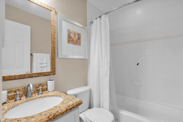 full bathroom with toilet, vanity, and shower / bathtub combination with curtain