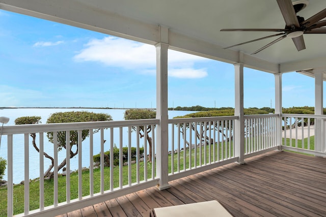 deck featuring a water view, ceiling fan, and a lawn