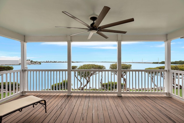 wooden terrace with a water view and ceiling fan