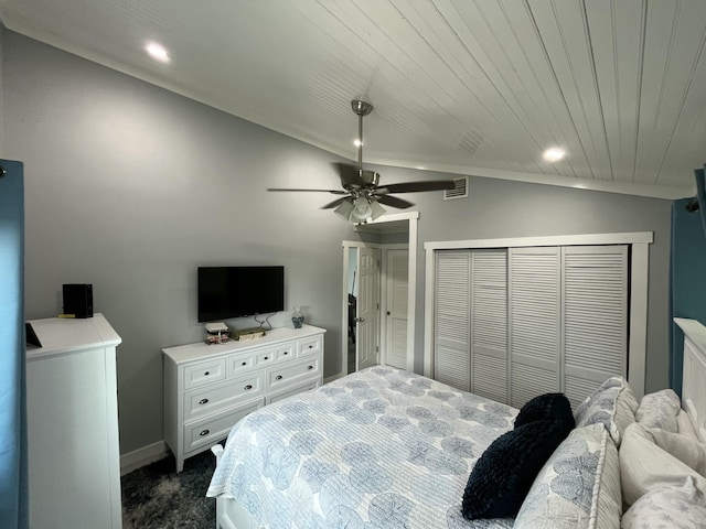 carpeted bedroom with ceiling fan, lofted ceiling, and wooden ceiling