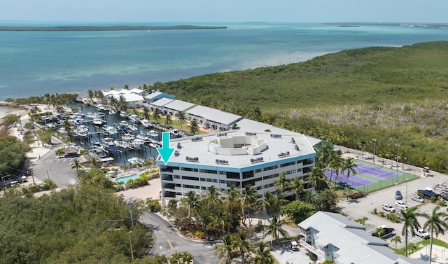 bird's eye view with a water view